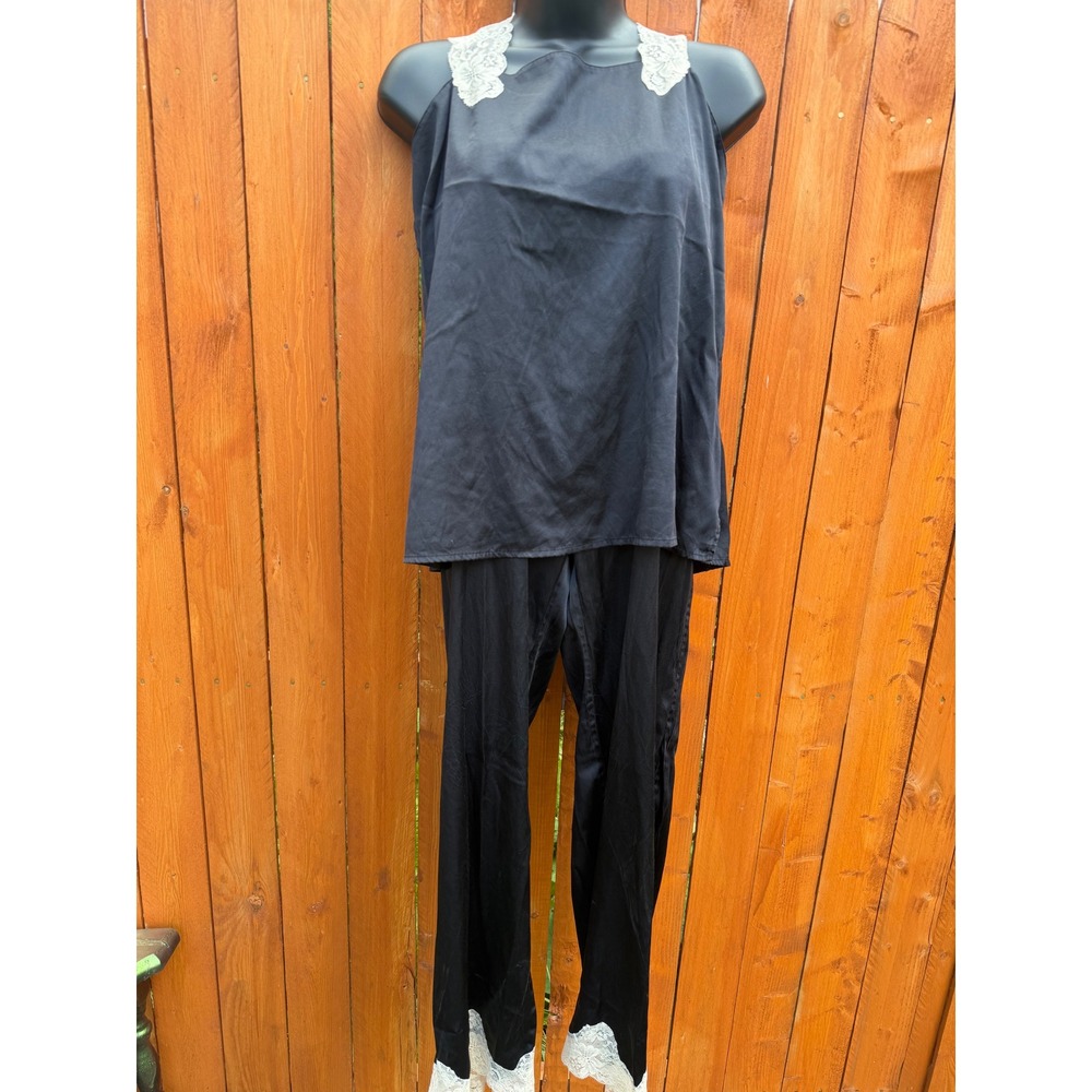 Soft Surroundings Silk Blend Lace Trim Pajama Set Black Medium Tall 30959